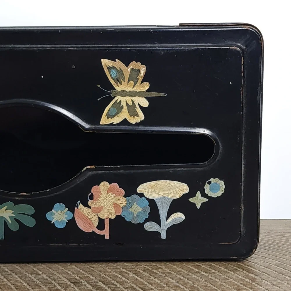 Vintage Decorative Tissue Box Cover Metal Tole Ware Hand Painted Floral Hanging